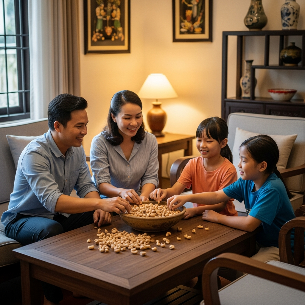 Gia đình quây quần thưởng thức hạt điều